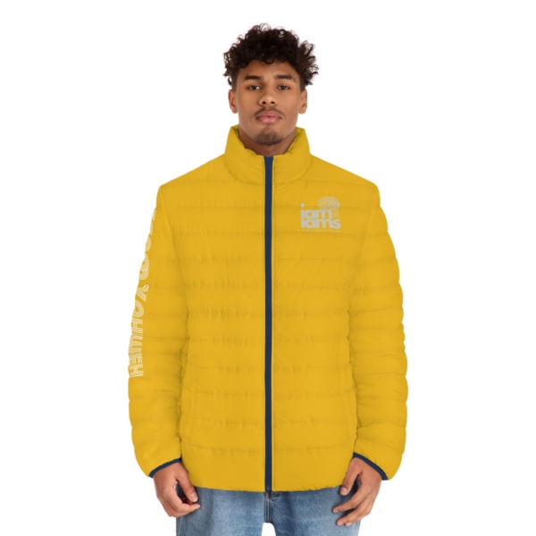 Men's Puffer Jacket (AOP) Large Hidden Logo Red & Yellow - Image 3